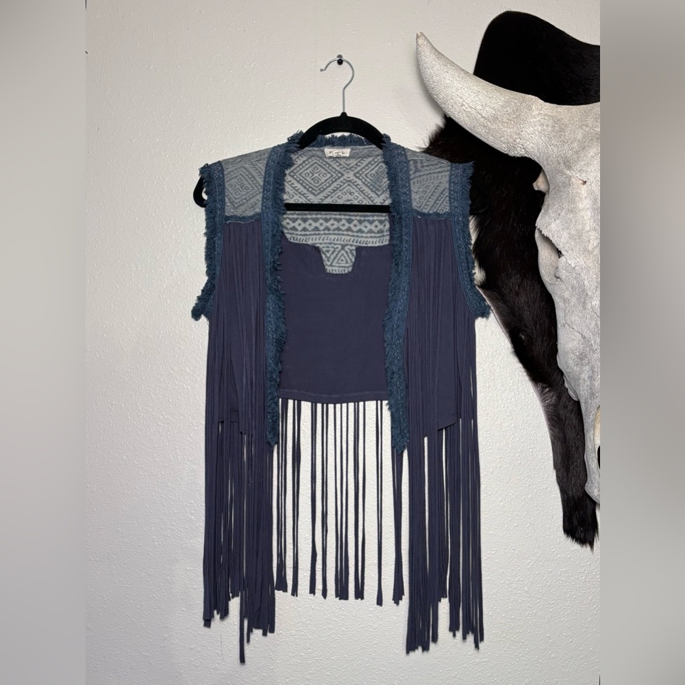 POL Blue Fringe Vest with Geometric Design